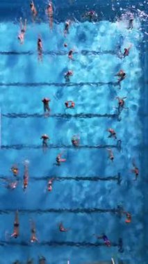 Açık mavi havuzda antrenman yaparken su topu oyuncularının hava görüntüsü. Dinamik hareket ve takım çalışması, spor, su aktiviteleri ve atletik kavramlar için mükemmel olan enerjik bir sahne yaratıyor..