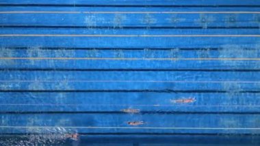 Yüzme havuzu tepeden aşağıya doğru, kulvarlar ve yüzücüler hareket halinde. Açık mavi su ve dinamik hareket canlı ve enerjik bir atmosfer yaratır. Spor ve spor temaları için mükemmeldir..