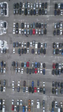 Uçsuz bucaksız bir otoparkın, sayısız araçla hareketli bir görüntüsü. Farklı renk ve modellere sahip arabalar, açık mavi gökyüzünün altında belirlenmiş yerleri işgal ederler..