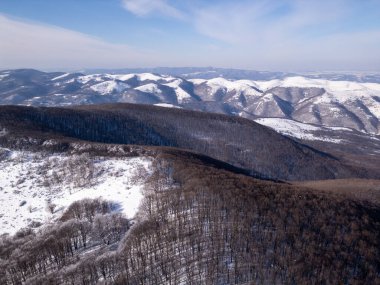 Bulgaristan 'daki karla kaplı Balkan Dağları' nın havadan görünüşü. Kış manzarasında yuvarlanan tepeler, don kaplı ağaçlar ve açık mavi bir gökyüzü yer alır. Yürüyüşçüler sakin çölde yürürler.