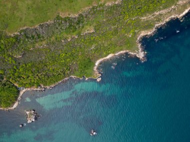 Bulgaristan 'ın Karadeniz kıyısındaki Rusalka köyü yakınlarındaki Yaylata doğa sahasının havadan görünüşü. Kayalık kayalıklar, turkuaz su ve yemyeşil tepeler dramatik ve vahşi bir sahil manzarası yaratır..