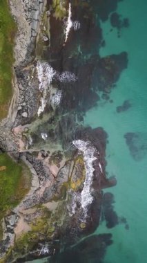 Turkuaz deniz dalgalarının yosun ve berrak suyla kayalık kıyı şeridine düşüşünün havadan aşağı görüntüsü. Bulgaristan kıyıları boyunca vahşi doğa dokusu, dramatik ve manzaralı.