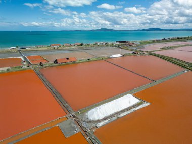 Bulgaristan 'ın Burgaz kenti yakınlarındaki renkli tuz tavalarının hava manzarası. Canlı kırmızı ve turuncu buharlaşma, beyaz tuz yığınları ve turkuaz deniz ile tezat oluşturur. Sanayi ve doğal güzelliğin birleşimi.