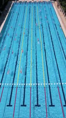 Temiz mavi su ve işaretli şeritlerle olimpiyat büyüklüğünde bir açık havuzda yüzücülerin hava görüntüsü. Gündüz eğitim sırasında İHA 'dan yakalanmış..