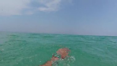 Güneşli bir günde turkuaz deniz suyunda yüzen bir adamın birinci şahıs görüntüsü. Su kameranın önüne sıçrar ve yaz macerasının enerjisini ve hareketini yakalar..