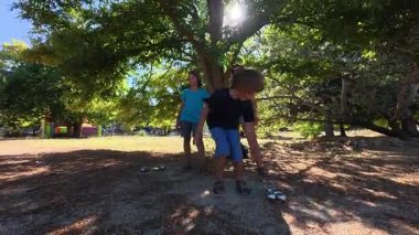 Aile parkta birlikte petanque oynuyor. Yetişkinler ve çocuklar güneşli bir yaz gününde sırayla metal toplar atıyorlar. Eğlenceli bir açık hava aktivitesi ve aile bağları oyunu.