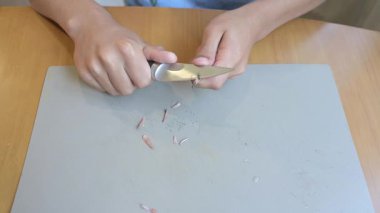 Bıçakla kalem keskinleştiren ellerin yakın çekimi. Elle kalem keskinleştirme, çizim hazırlığı, yaratıcılık, okul ve eğitim araçları kavramı.