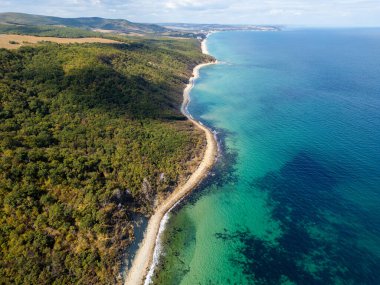 Aerial view of wild Bulgarian coastline with turquoise sea and green forested cliffs, scenic untouched nature and beautiful seascape.