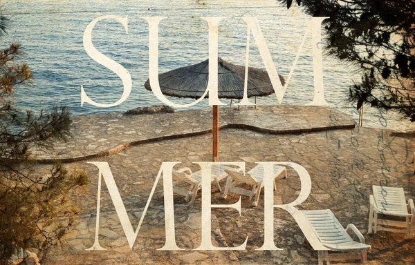 Retro Toned Summer Poster Sun Umbrella Chairs Beach — Stock Photo, Image