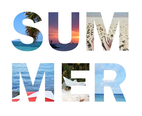 Λέξη Καλοκαίρι Πάνω Από Όμορφες Σκηνές Παραλία Ταξίδια Και Διακοπές — Φωτογραφία Αρχείου