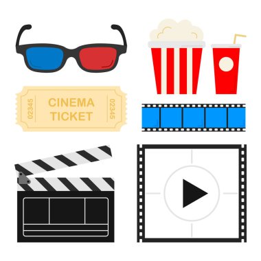 Sinema simgeleri ayarlandı. Web için 9 film vektör simgesinin karikatür çizimi