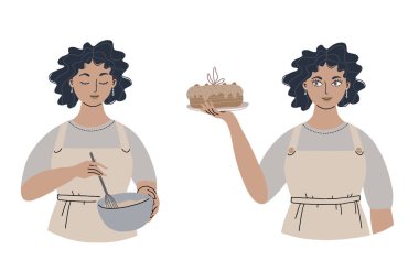 Yemek pişiren genç bir kadın. Mutlu bir kız elinde pasta, elinde de tatlı tutar. Beyaz arka planda izole edilmiş. Vektör illüstrasyonu