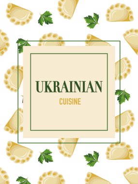 Sembolik desen. Ukrayna 'nın geleneksel yemek çeşitliliği. Hamur tatlısı, varenyky, pierogi. Polonya mutfağı. Ukrayna mutfağı. Pankart, broşür, kapak, reklam, menü, poster için vektör illüstrasyonu.
