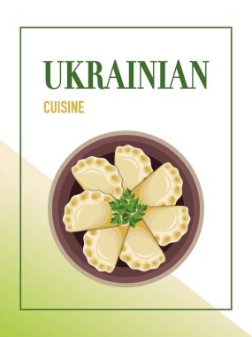 Hamur köfteli gıda posteri tasarımı. Ukrayna 'nın geleneksel yemek çeşitliliği. Hamur tatlısı, varenyky, pierogi. Polonya mutfağı. Ukrayna mutfağı.