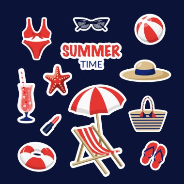 Çıkartma için yaz vektör simgesi ayarlandı. Plaj elementleri etiketleri koleksiyonu