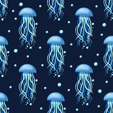 Karanlık bir arka planda kusursuz deniz anası ve baloncuk deseni.