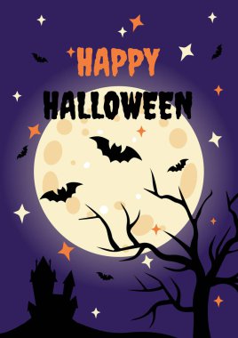 Dolunaylı Cadılar Bayramı Posteri, Yarasalar ve Perili Ev Silueti