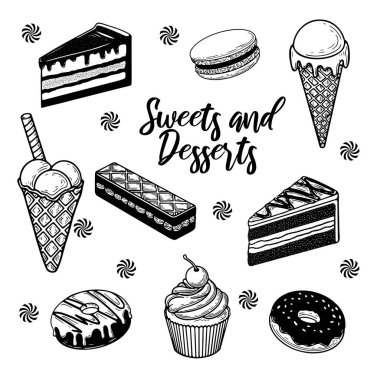 Tatlılar ve tatlılar. Kek, peynirli kek, kurabiye, çörek, kek. Paket kağıdı, arkaplan ve tekstil için uygun