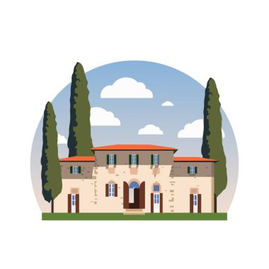 Toskana Villa illüstrasyonu. Düz tasarım İtalyan mimarisi