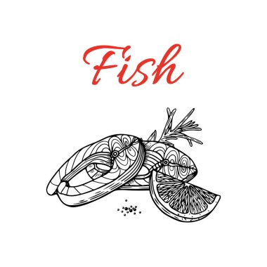 Balık ve limon çizimi. Oymalı koleksiyon. Beyaz arka planda limonlu siyah el çizimi.