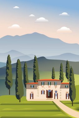 Toskana 'nın tepelerinin manzara manzarası. Selvi ağaçlı bir Toskana villasının düz tasarımı