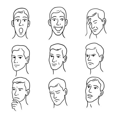 Sanat tarzında erkek yüz ifadeleri. Duygular ve ruh halleri çizimi