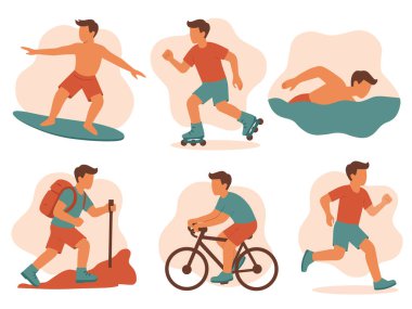 Açık hava spor aktiviteleri. Aktif çocuk yaz sporları ve fitness aktiviteleri yapıyor bisiklet, yürüyüş, yüzme, paten, sörf, koşu