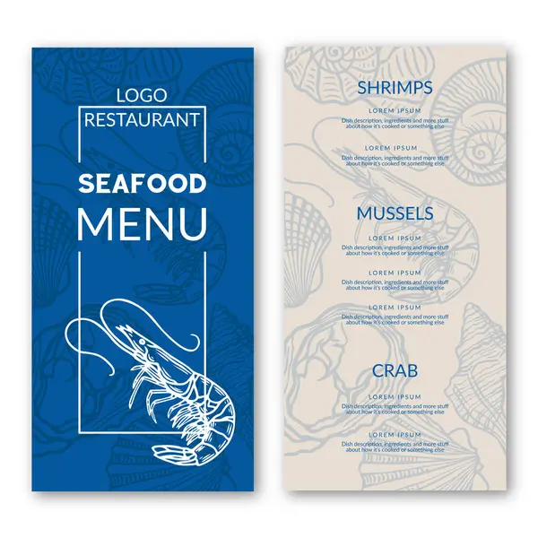 El yapımı kabuklu deniz ürünleri ve karides resimli deniz ürünleri menü şablonu
