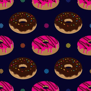 Renkli donutların kusursuz deseni. Üzerinde çikolata ve pembe şekerli çörekler ve siyah arka planda serpiştirilmiş çeşitli uygulamalar için eğlenceli ve eğlenceli bir tasarım.