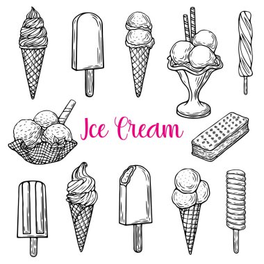 Koniler, dondurmalar, dondurmalar, dondurmalar ve tatlılar da dahil olmak üzere çeşitli el yapımı çizimler, eğlenceli ve sanatsal bir şekilde dondurulmuş lezzetli tatlılar sergiliyorlar. Çizgi sanatı tarzı. İşleme