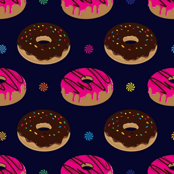 Renkli donutların kusursuz deseni. Üzerinde çikolata ve pembe şekerli çörekler ve siyah arka planda serpiştirilmiş çeşitli uygulamalar için eğlenceli ve eğlenceli bir tasarım.