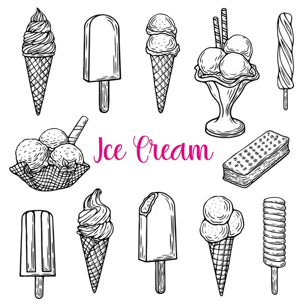 Koniler, dondurmalar, dondurmalar, dondurmalar ve tatlılar da dahil olmak üzere çeşitli el yapımı çizimler, eğlenceli ve sanatsal bir şekilde dondurulmuş lezzetli tatlılar sergiliyorlar. Çizgi sanatı tarzı. İşleme