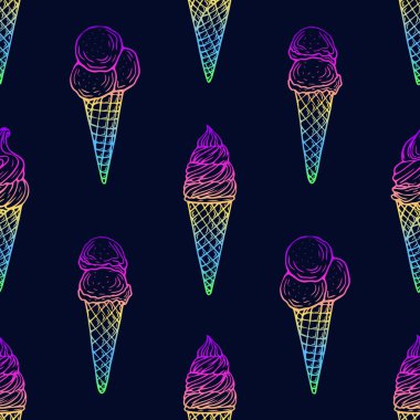 Koniler, buzlu dondurmalar ve dondurmalar dahil olmak üzere çeşitli dondurmaların kusursuz deseni yaz temalı tasarımlar için canlı ve eğlenceli bir şablon oluşturuyor.