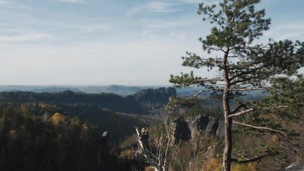 Statisk Panoramautsikt Över Saxon Schweiz Berg Förgrunden Finns Stora Stenar — Stockvideo