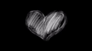 Abstract black screen hand-drawing heart form brush strokes on white background with alpha channel mask. High quality 4k footage