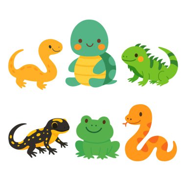 Dinozor, kaplumbağa, iguana, semender, kurbağa ve yılan da dahil olmak üzere karikatür sürüngenleri ve amfibiler. Beyaz arka planda düz renkli çizimler. Soğuk kanlı hayvanlar ve vahşi yaşam konsepti