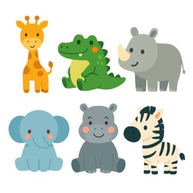 Zürafa, timsah, gergedan, fil, su aygırı ve zebra da dahil olmak üzere bir dizi çizgi film Afrika hayvanı. Beyaz arka planda düz renkli çizimler. Safari ve vahşi yaşam kavramı. Bunun için tasarım