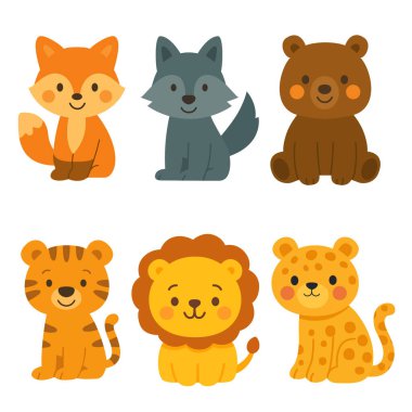Tilki, kurt, ayı, kaplan, aslan ve leopar gibi vahşi hayvanlar. Beyaz arka planda düz renkli çizimler. Vahşi yaşam ve orman hayvanları kavramı. Çıkartma ve kart için tasarım