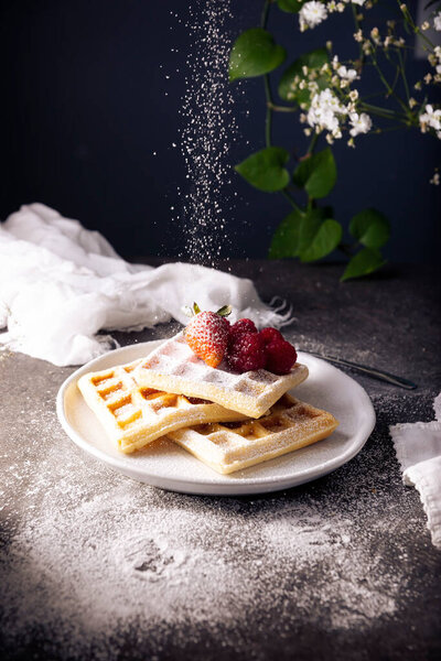 Homemade sweet waffles with strawberries, raspberries and powdered sugar on white dish. 