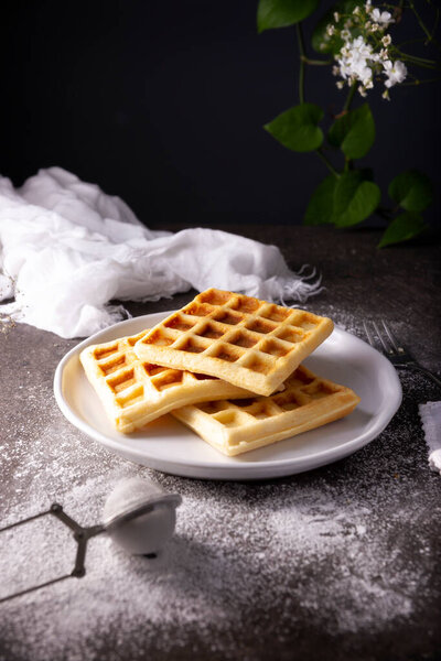 Fresh Homemade soft waffles served on white plate.