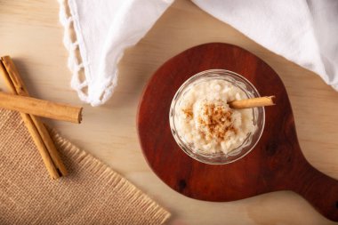 Rice pudding. Sweet dish made by cooking rice in milk and sugar, some recipes include cinnamon, vanilla or other ingredients, it is a very easy dessert to make and very popular all over the world.