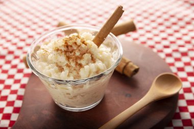 Rice pudding. Sweet dish made by cooking rice in milk and sugar, some recipes include cinnamon, vanilla or other ingredients, it is a very easy dessert to make and very popular all over the world.
