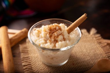 Rice pudding. Sweet dish made by cooking rice in milk and sugar, some recipes include cinnamon, vanilla or other ingredients, it is a very easy dessert to make and very popular all over the world.
