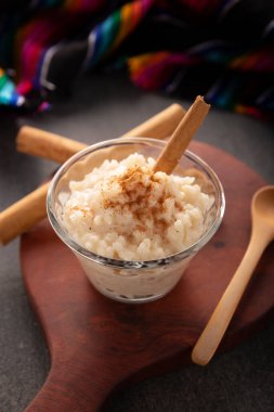 Rice pudding. Sweet dish made by cooking rice in milk and sugar, some recipes include cinnamon, vanilla or other ingredients, it is a very easy dessert to make and very popular all over the world.