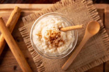 Rice pudding. Sweet dish made by cooking rice in milk and sugar, some recipes include cinnamon, vanilla or other ingredients, it is a very easy dessert to make and very popular all over the world.