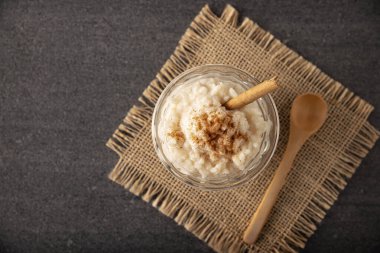 Rice pudding. Sweet dish made by cooking rice in milk and sugar, some recipes include cinnamon, vanilla or other ingredients, it is a very easy dessert to make and very popular all over the world.