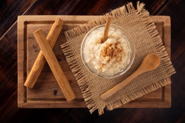 Rice pudding. Sweet dish made by cooking rice in milk and sugar, some recipes include cinnamon, vanilla or other ingredients, it is a very easy dessert to make and very popular all over the world.