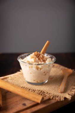 Rice pudding. Sweet dish made by cooking rice in milk and sugar, some recipes include cinnamon, vanilla or other ingredients, it is a very easy dessert to make and very popular all over the world.