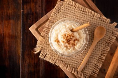Rice pudding. Sweet dish made by cooking rice in milk and sugar, some recipes include cinnamon, vanilla or other ingredients, it is a very easy dessert to make and very popular all over the world.
