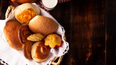 Variety of traditional Mexican sweet bread, Hojaldra, Bisquet, Cocol, Chino, Oreja, Cacahuate, made by hand, in Mexico it is called Pan Dulce and cannot be missing at breakfast or snack.